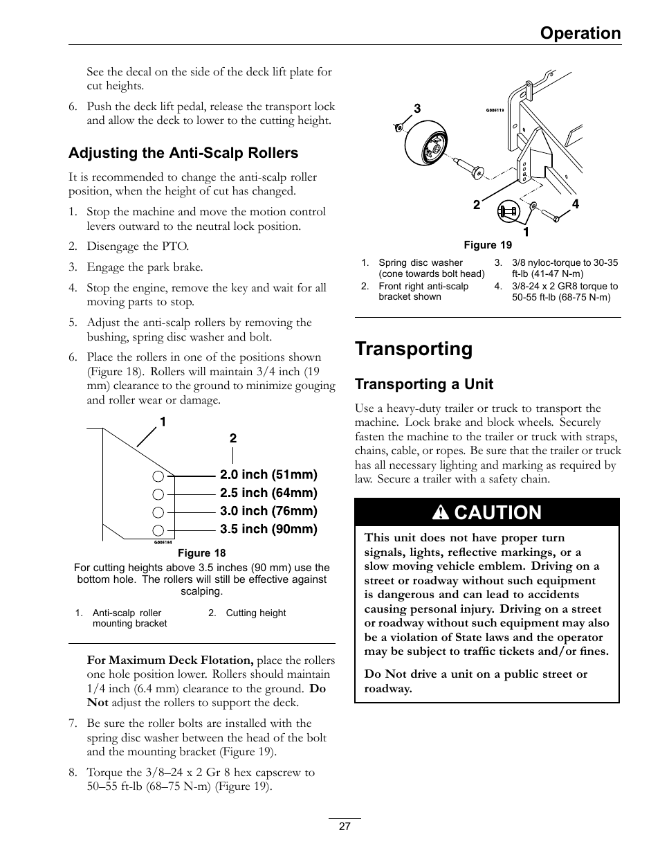 Transporting, Caution, Operation | Adjusting the anti-scalp rollers, Transporting a unit | Exmark lazer Z 790 User Manual | Page 27 / 60