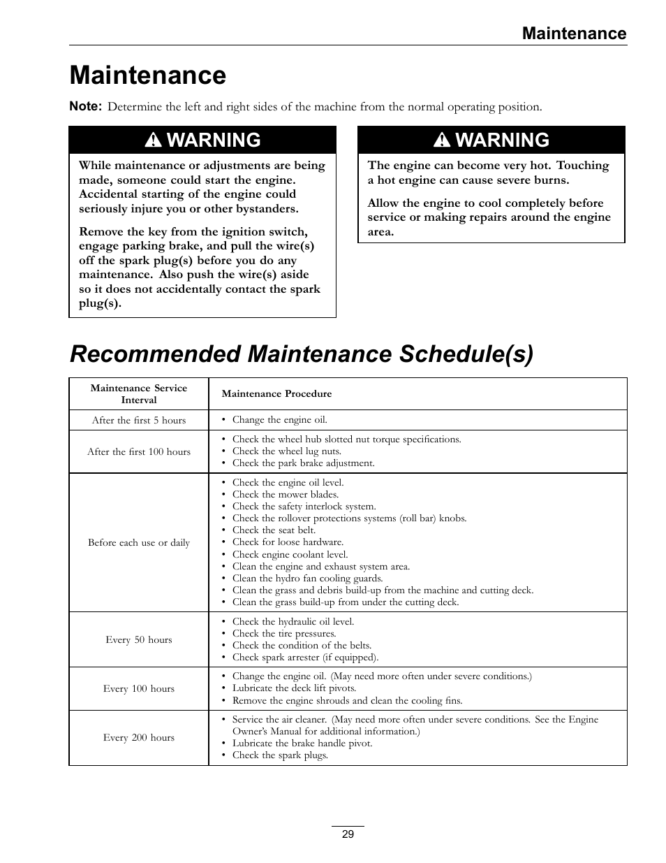 Maintenance, Recommended maintenance schedule(s), Warning | Exmark lazer Z 790 User Manual | Page 29 / 60