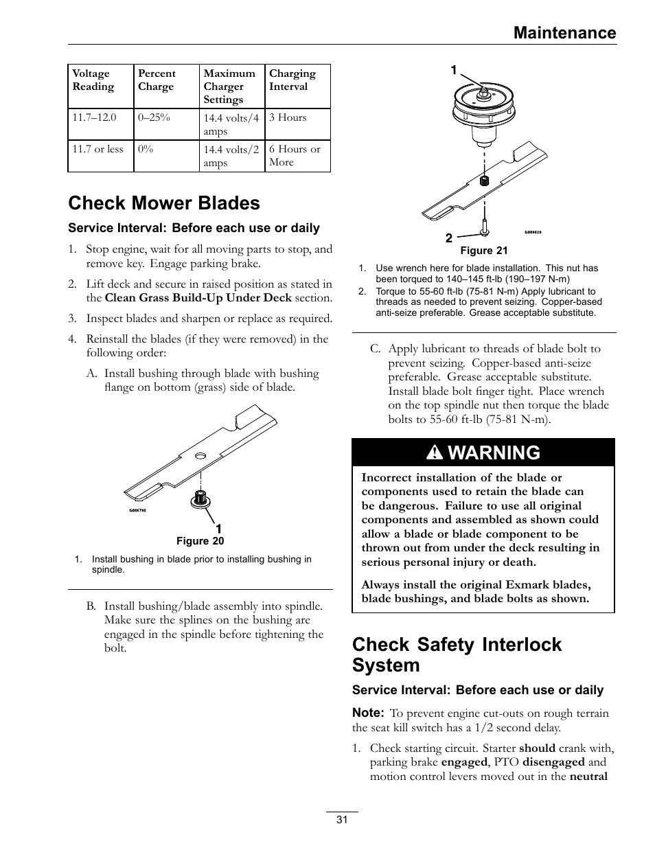Check mower blades check safety interlock system, Check mower blades, Warning | Check safety interlock system, Maintenance | Exmark lazer Z 790 User Manual | Page 31 / 60