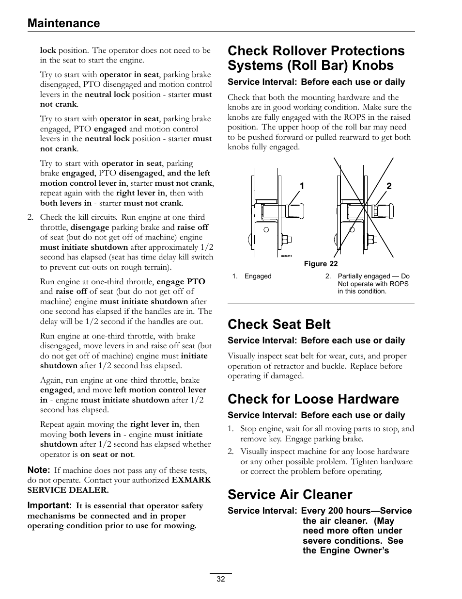 Check rollover protections systems (roll, Bar) knobs, Check seat belt | Check for loose hardware, Service air cleaner, Maintenance | Exmark lazer Z 790 User Manual | Page 32 / 60