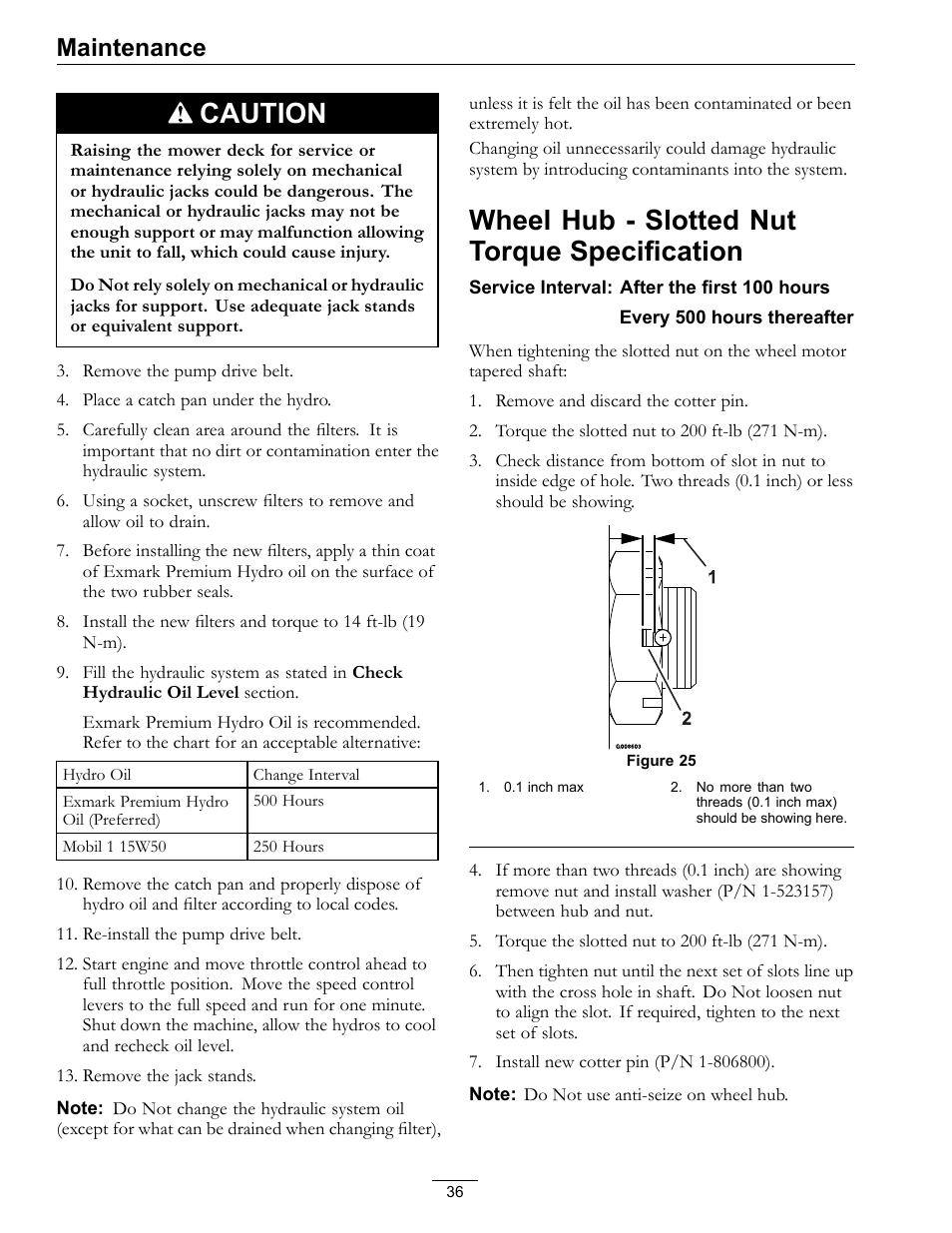 Wheel hub - slotted nut torque, Specification, Caution | Wheel hub - slotted nut torque specification, Maintenance | Exmark lazer Z 790 User Manual | Page 36 / 60
