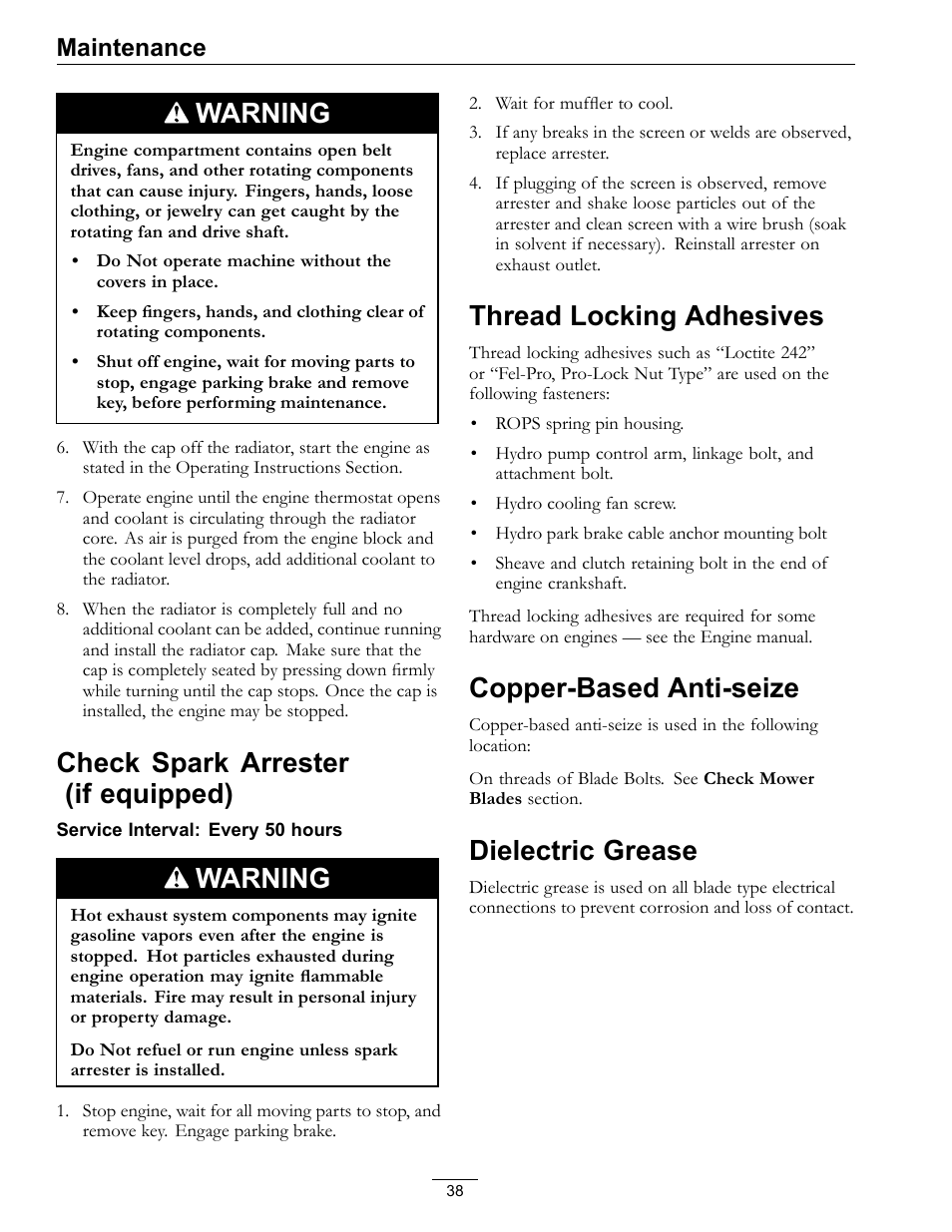 Warning, Check spark arrester (if equipped), Thread locking adhesives | Copper-based anti-seize, Dielectric grease, Maintenance | Exmark lazer Z 790 User Manual | Page 38 / 60