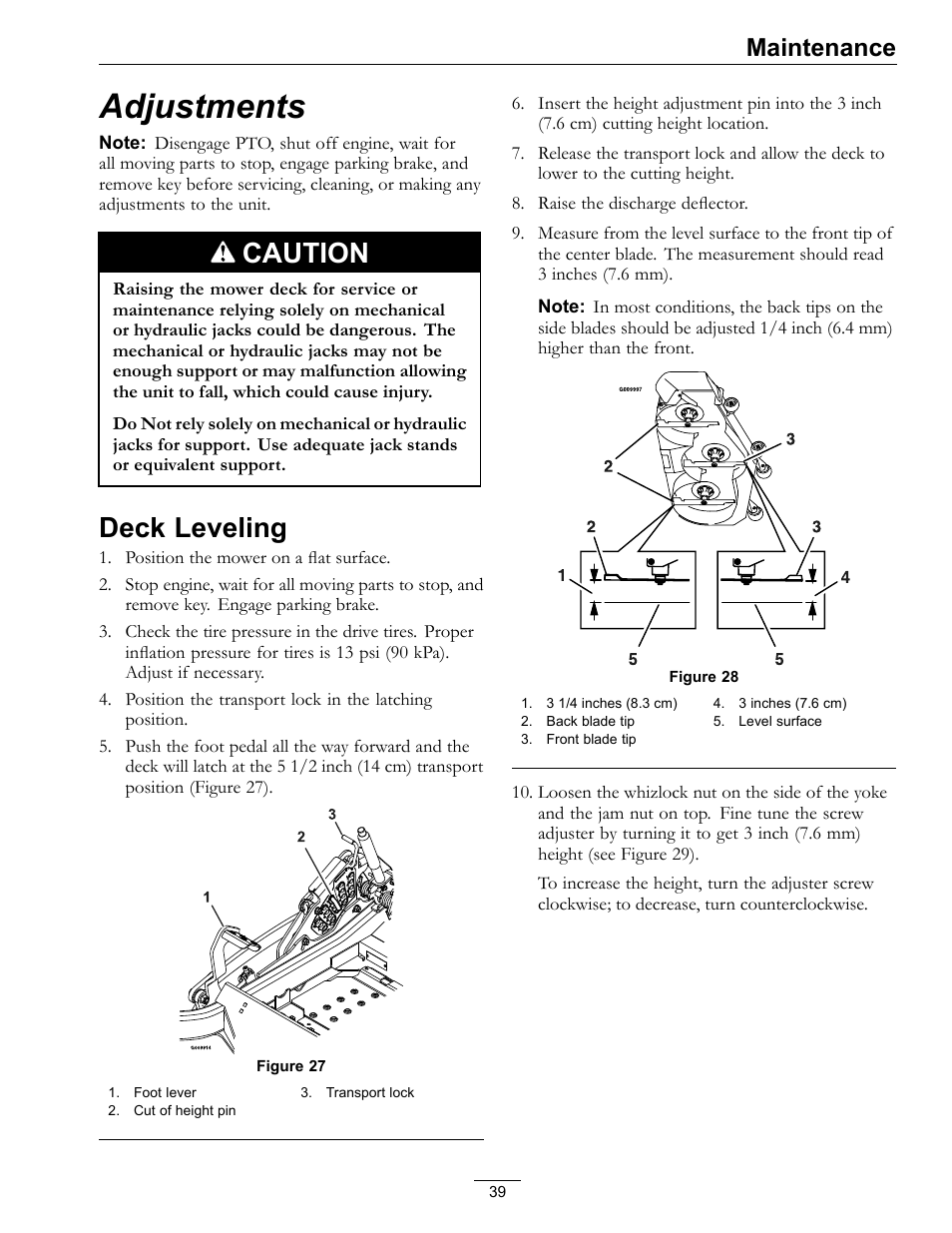 Adjustments, Deck leveling, Caution | Maintenance | Exmark lazer Z 790 User Manual | Page 39 / 60