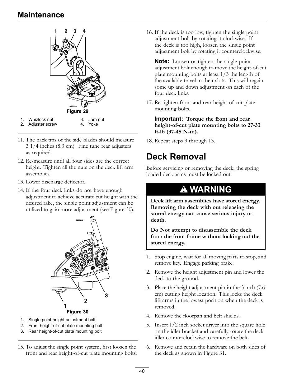 Deck removal, Warning, Maintenance | Exmark lazer Z 790 User Manual | Page 40 / 60