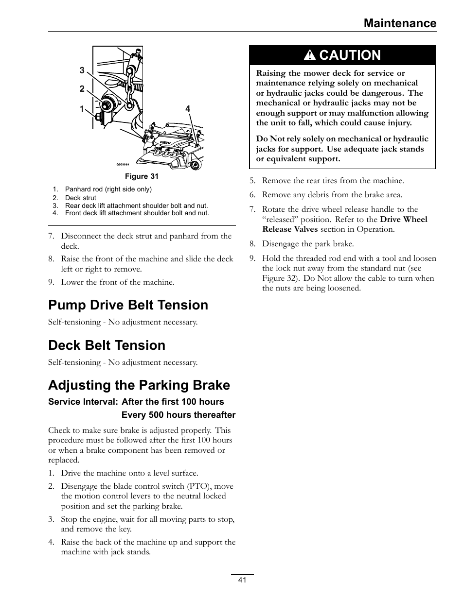 Pump drive belt tension, Deck belt tension, Adjusting the parking brake | Figure 31, Caution, Maintenance | Exmark lazer Z 790 User Manual | Page 41 / 60