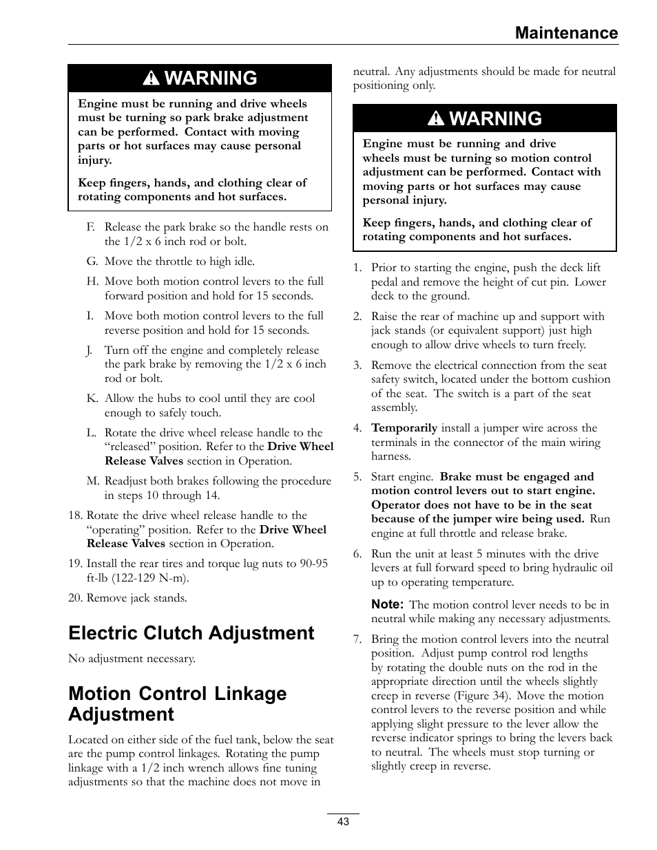 Warning, Electric clutch adjustment, Motion control linkage adjustment | Maintenance | Exmark lazer Z 790 User Manual | Page 43 / 60