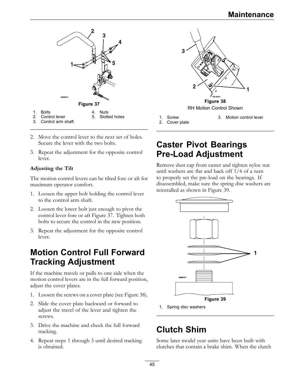Motion control full forward tracking, Adjustment, Caster pivot bearings pre-load | Clutch shim, Motion control full forward tracking adjustment, Caster pivot bearings pre-load adjustment, Maintenance | Exmark lazer Z 790 User Manual | Page 45 / 60