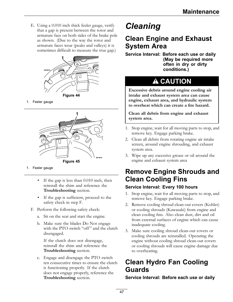 Cleaning, Clean engine and exhaust system, Area | Remove engine shrouds and clean cooling, Fins, Clean hydro fan cooling guards, Clean engine and exhaust system area, Caution, Remove engine shrouds and clean cooling fins, Maintenance | Exmark lazer Z 790 User Manual | Page 47 / 60