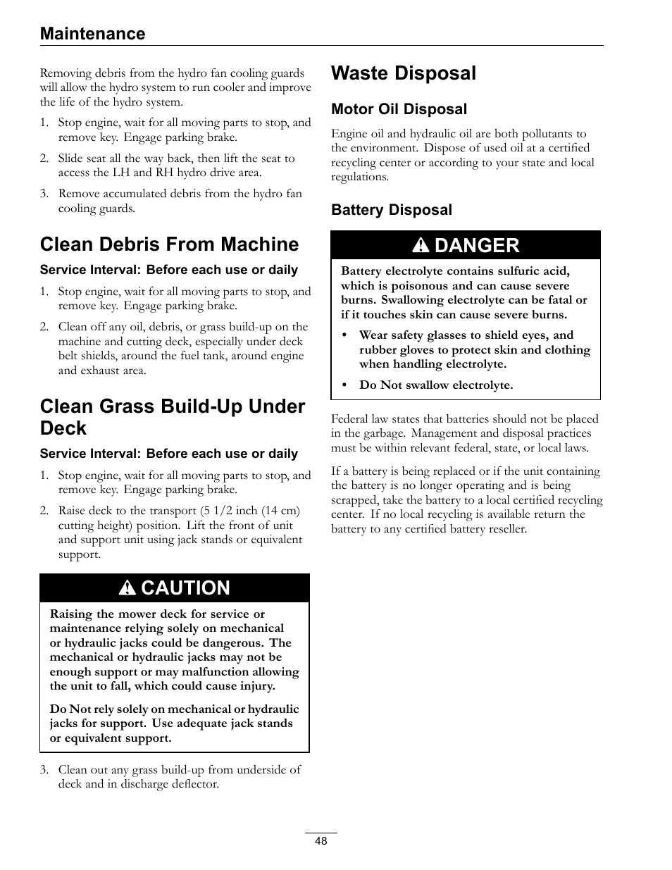 Clean debris from machine, Clean grass build-up under deck, Caution | Waste disposal, Danger, Maintenance | Exmark lazer Z 790 User Manual | Page 48 / 60