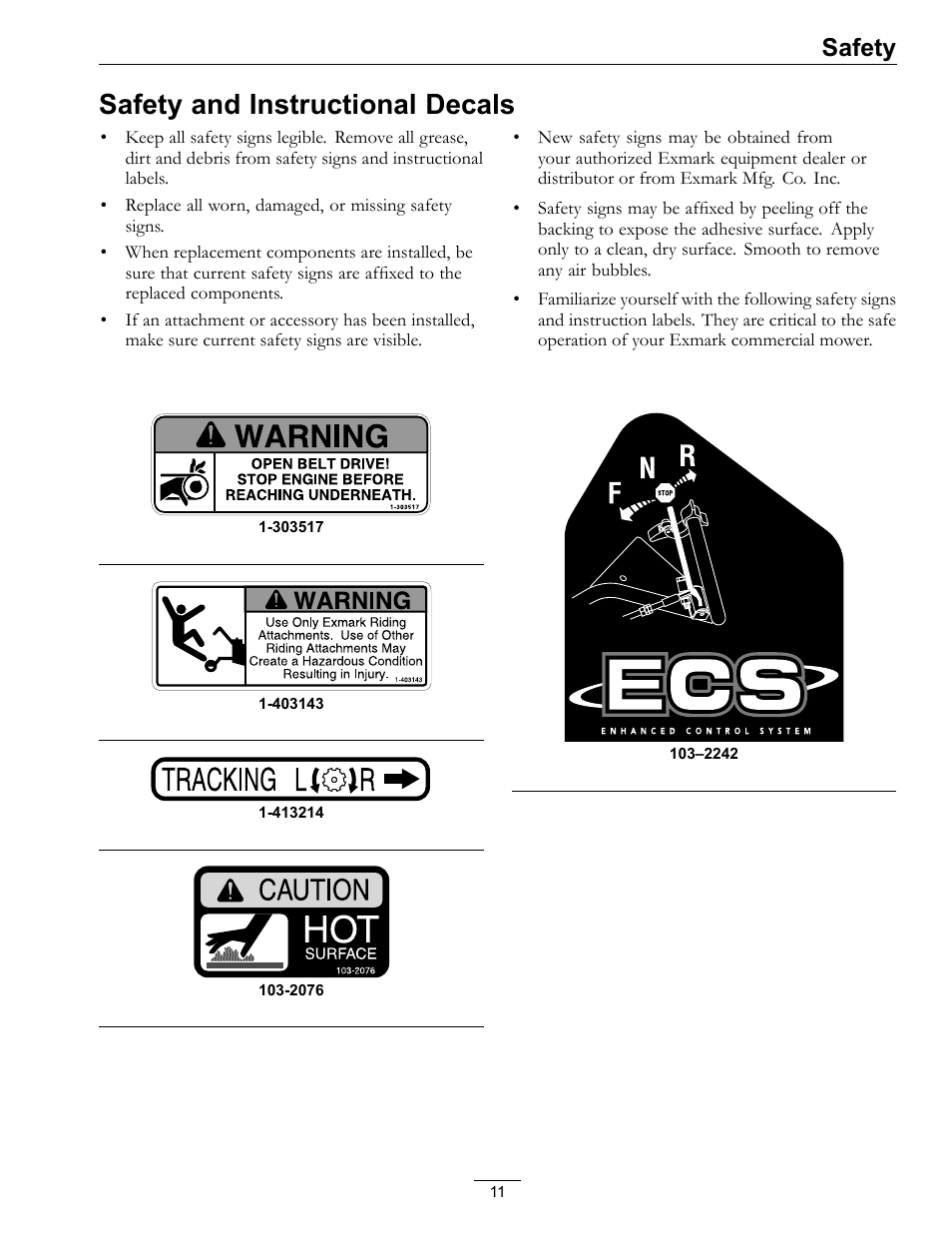 Safety and instructional decals, Safety | Exmark Turf Tracer x-series LP FMD524 User Manual | Page 11 / 48