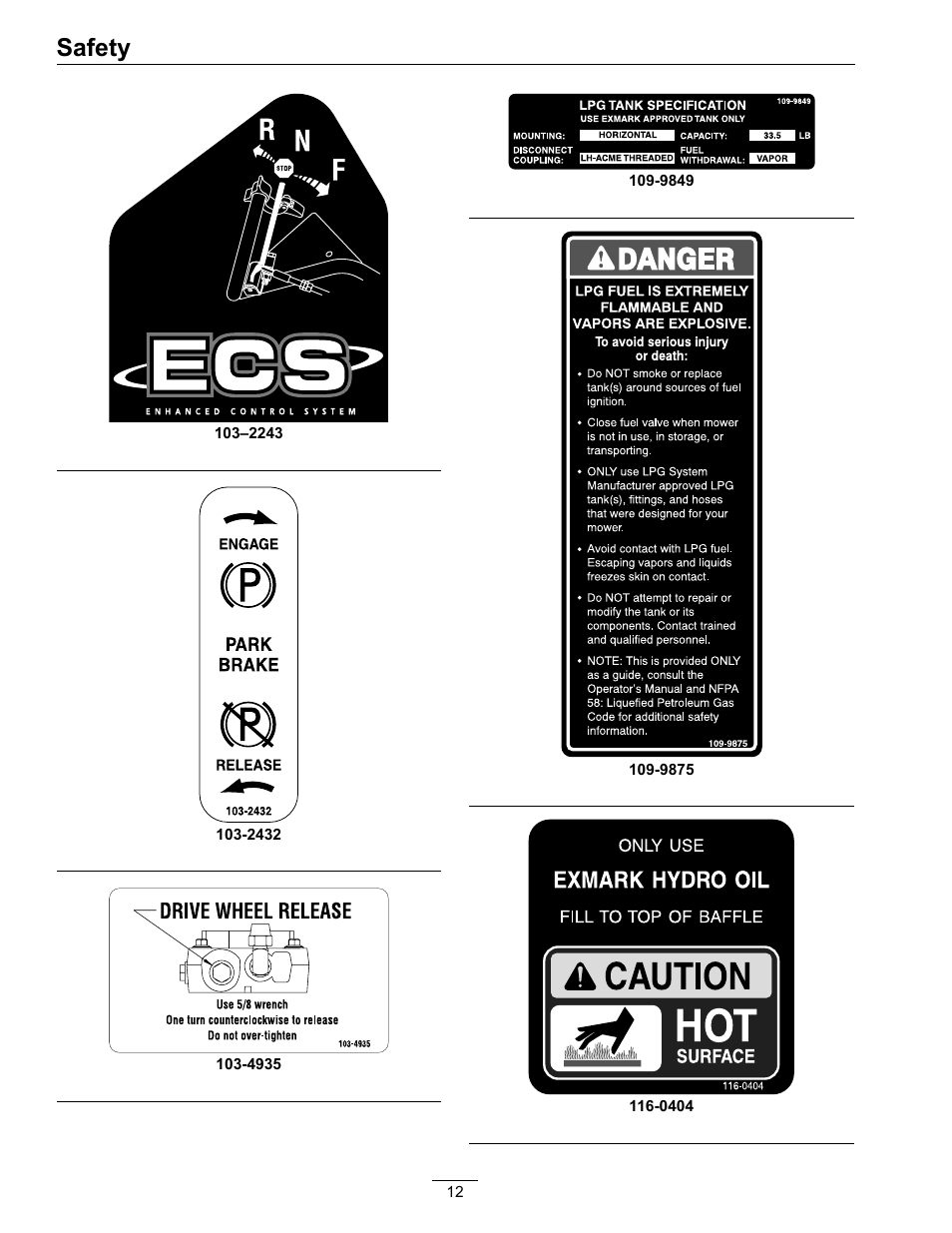 Safety | Exmark Turf Tracer x-series LP FMD524 User Manual | Page 12 / 48