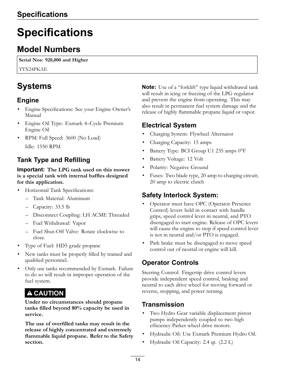 Specifications, Model numbers systems, Model numbers | Systems | Exmark Turf Tracer x-series LP FMD524 User Manual | Page 14 / 48