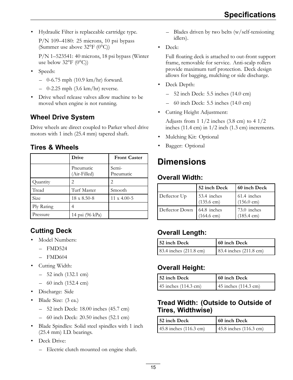 Dimensions, Specifications | Exmark Turf Tracer x-series LP FMD524 User Manual | Page 15 / 48