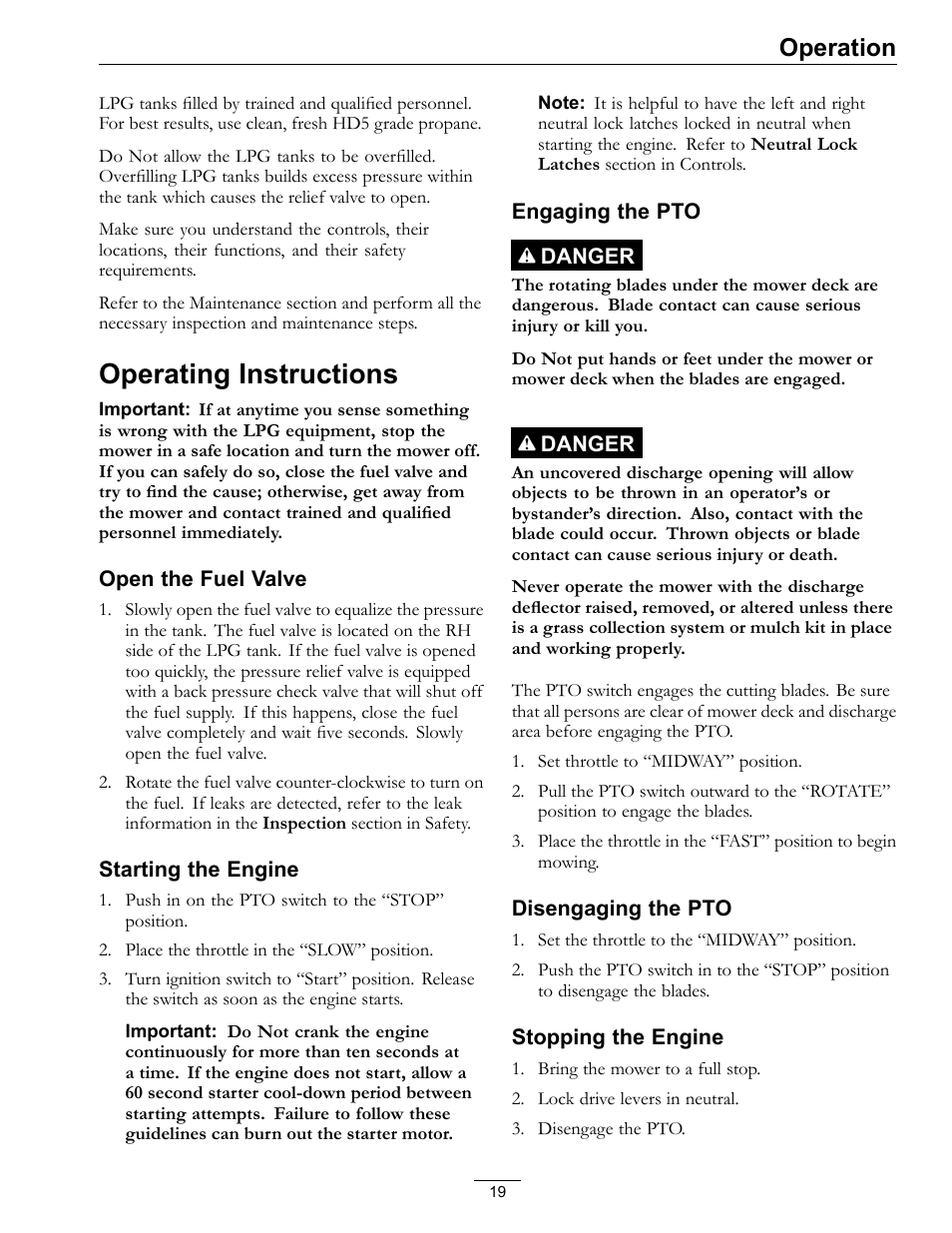 Operating instructions, Operation | Exmark Turf Tracer x-series LP FMD524 User Manual | Page 19 / 48