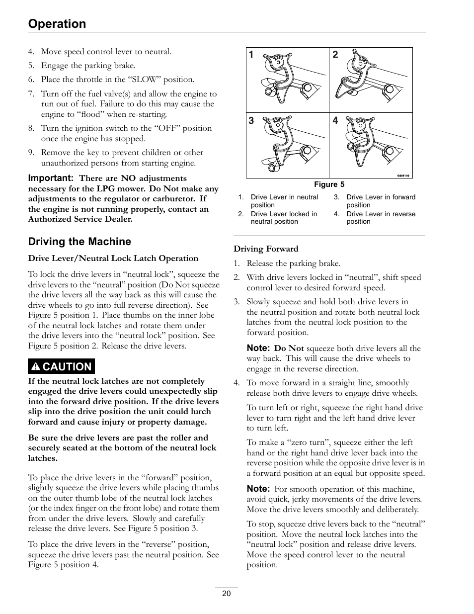 Operation, Driving the machine, Caution | Exmark Turf Tracer x-series LP FMD524 User Manual | Page 20 / 48