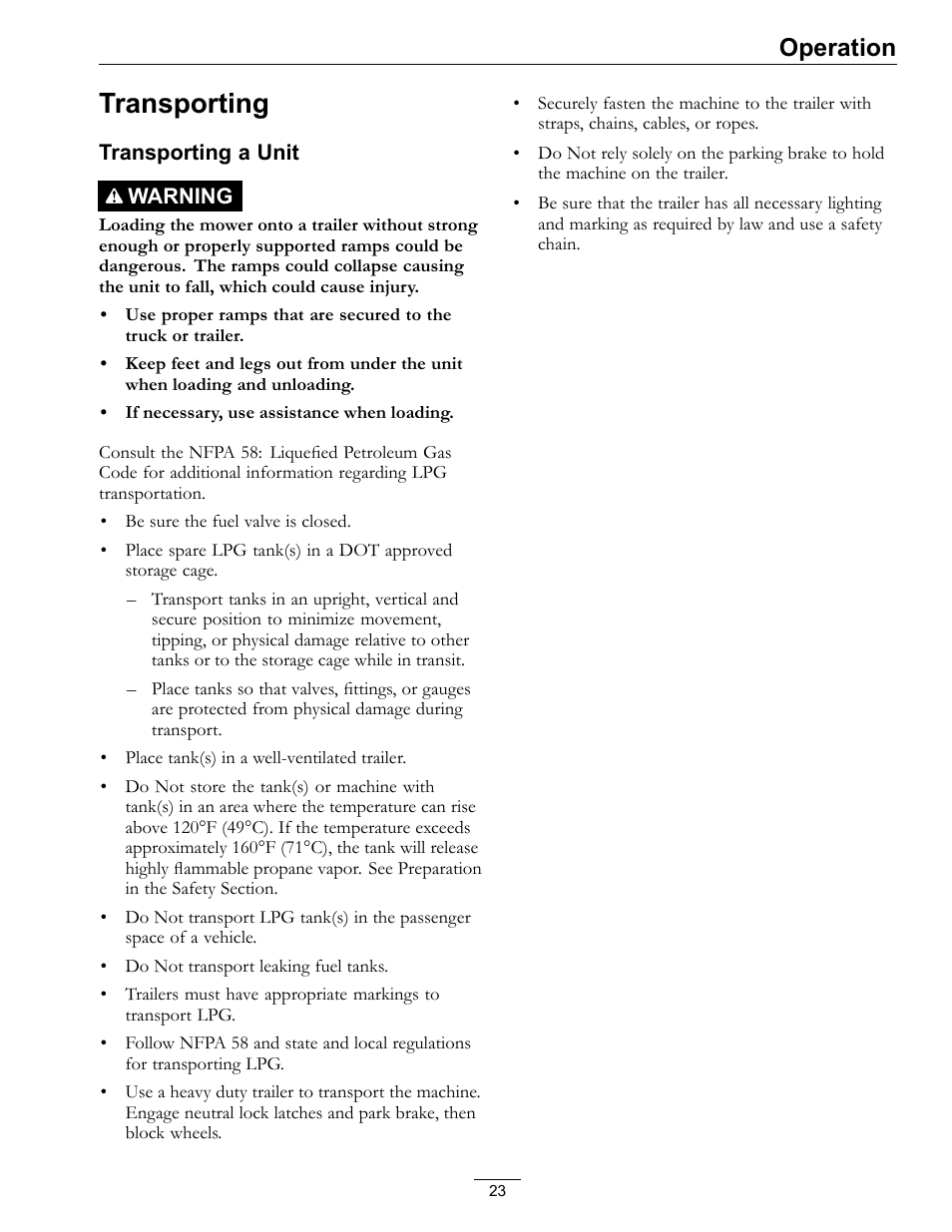 Transporting, Operation | Exmark Turf Tracer x-series LP FMD524 User Manual | Page 23 / 48