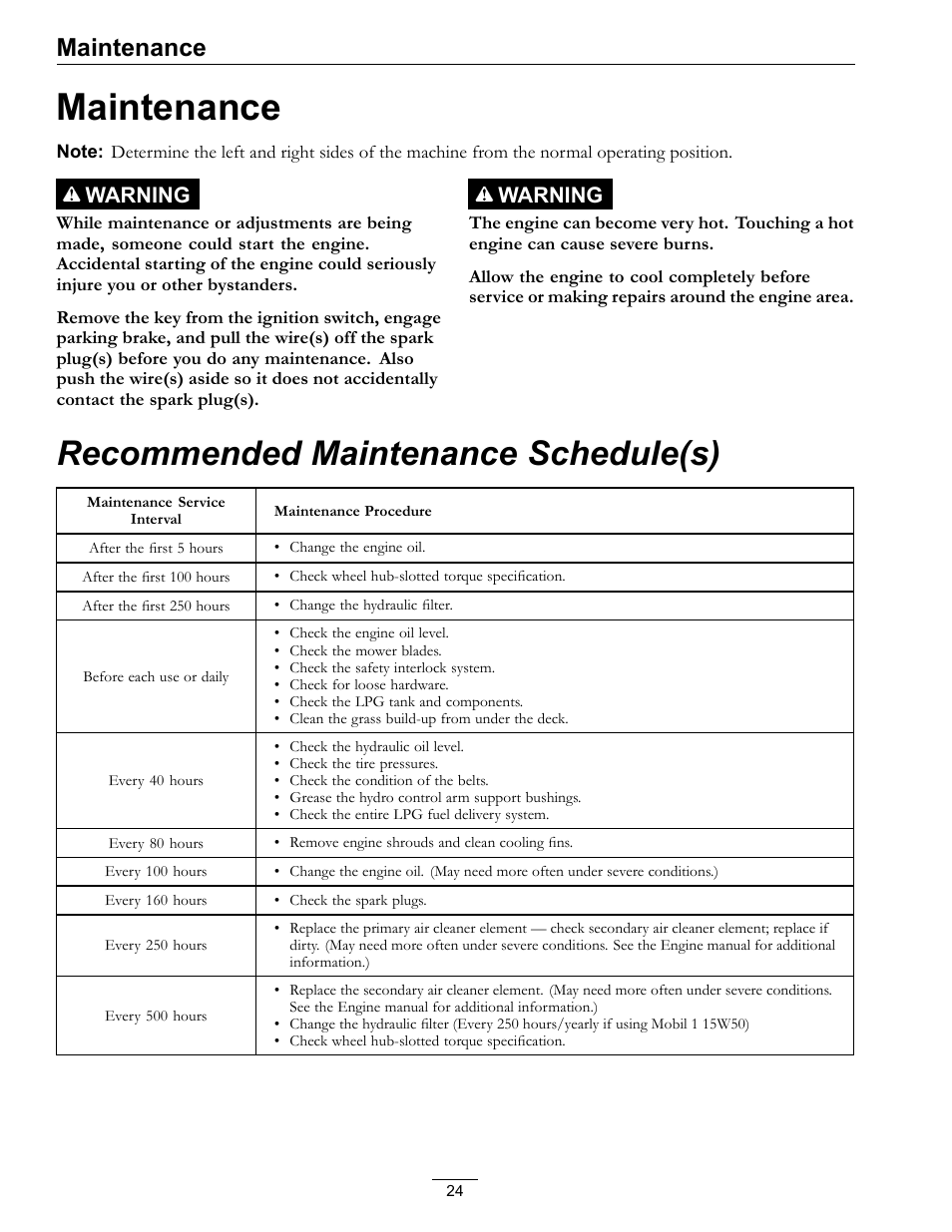 Maintenance, Recommended maintenance schedule(s), Warning | Exmark Turf Tracer x-series LP FMD524 User Manual | Page 24 / 48