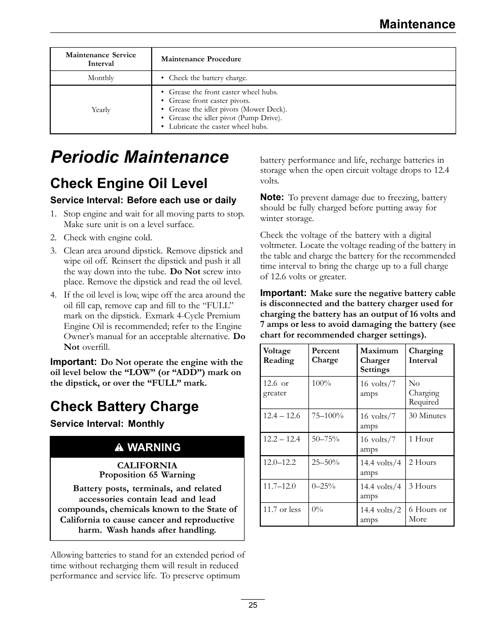 Periodic maintenance, Check engine oil level check battery charge, Check engine oil level | Check battery charge, Maintenance | Exmark Turf Tracer x-series LP FMD524 User Manual | Page 25 / 48