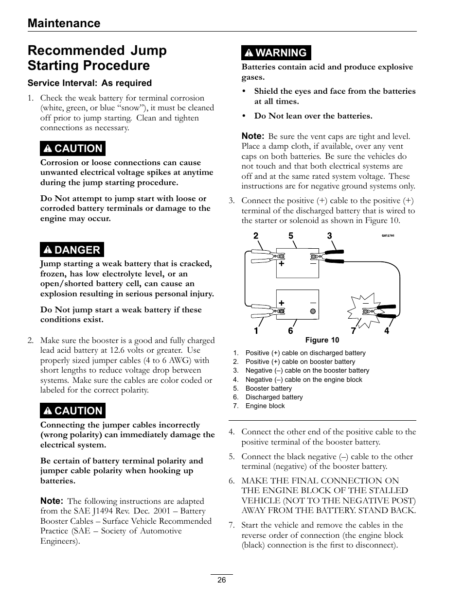 Recommended jump starting procedure, Maintenance, Caution | Danger, Warning | Exmark Turf Tracer x-series LP FMD524 User Manual | Page 26 / 48