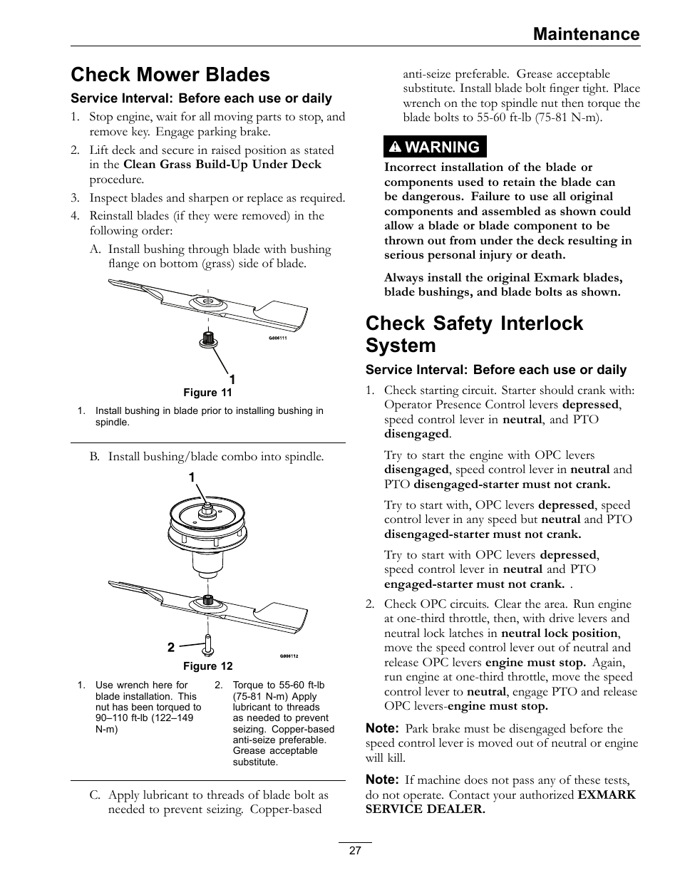 Check mower blades check safety interlock system, Check mower blades, Check safety interlock system | Maintenance | Exmark Turf Tracer x-series LP FMD524 User Manual | Page 27 / 48