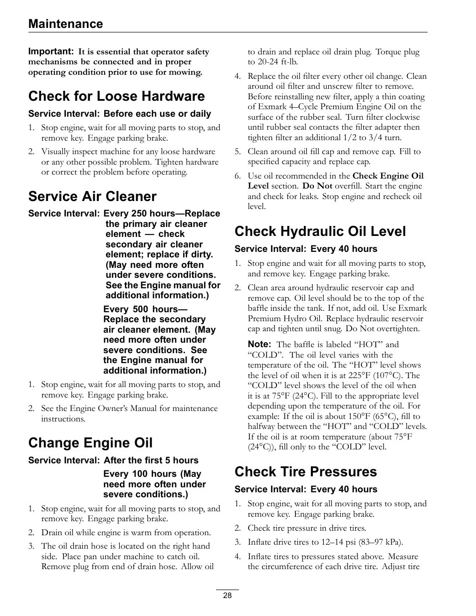 Check for loose hardware, Service air cleaner, Change engine oil | Check hydraulic oil level, Check tire pressures, Maintenance | Exmark Turf Tracer x-series LP FMD524 User Manual | Page 28 / 48