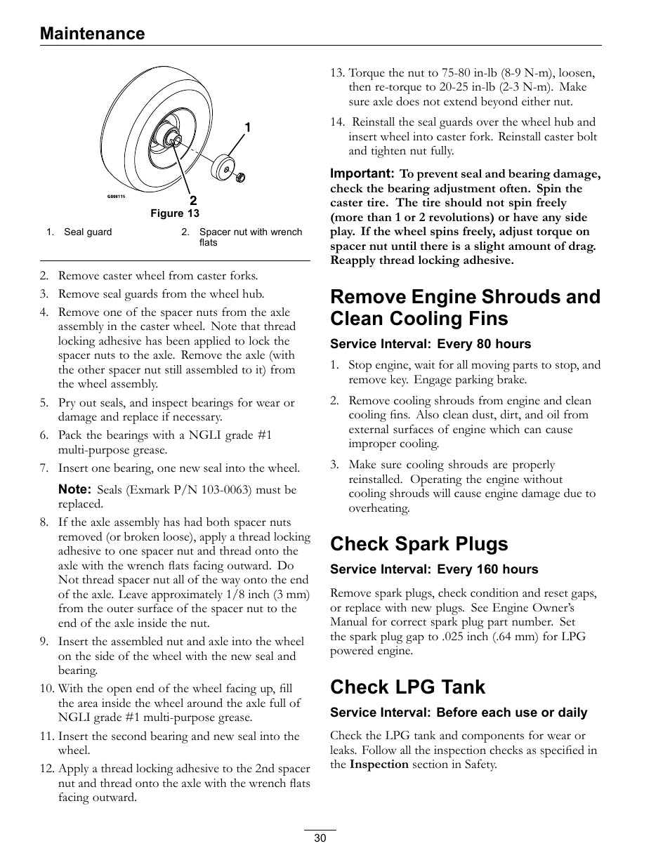 Remove engine shrouds and clean cooling, Fins, Check spark plugs check lpg tank | Remove engine shrouds and clean cooling fins, Check spark plugs, Check lpg tank, Maintenance | Exmark Turf Tracer x-series LP FMD524 User Manual | Page 30 / 48