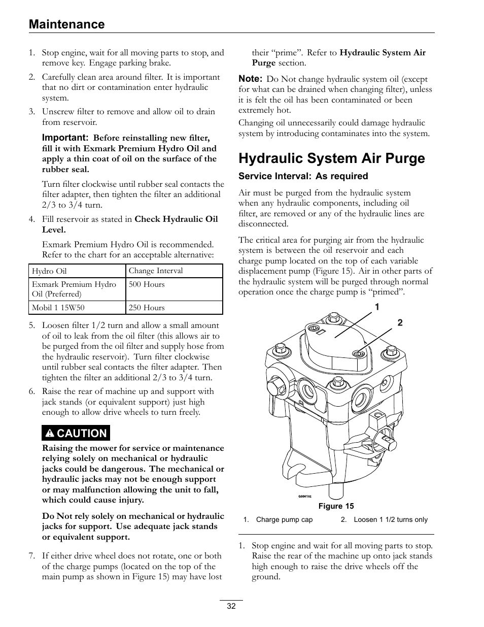 Hydraulic system air purge, Maintenance | Exmark Turf Tracer x-series LP FMD524 User Manual | Page 32 / 48