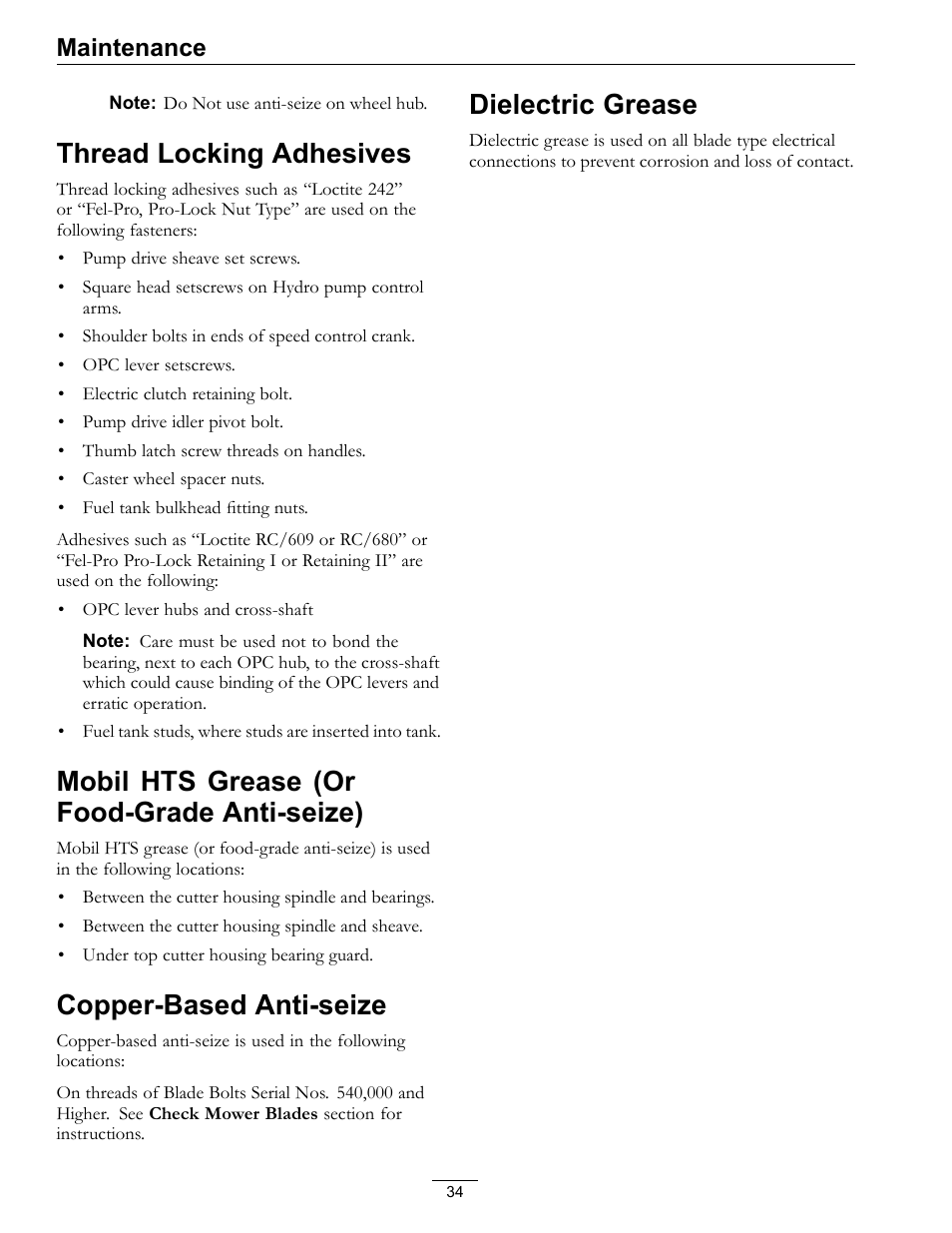 Anti-seize), Copper-based anti-seize dielectric grease, Thread locking adhesives | Mobil hts grease (or food-grade anti-seize), Copper-based anti-seize, Dielectric grease, Maintenance | Exmark Turf Tracer x-series LP FMD524 User Manual | Page 34 / 48