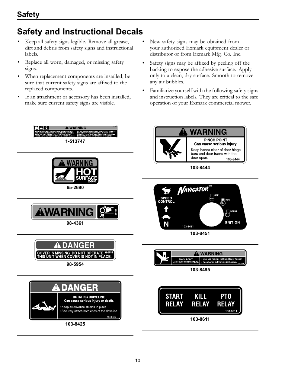 Safety and instructional decals, Safety | Exmark NAVIGATOR 4500-367 User Manual | Page 10 / 44