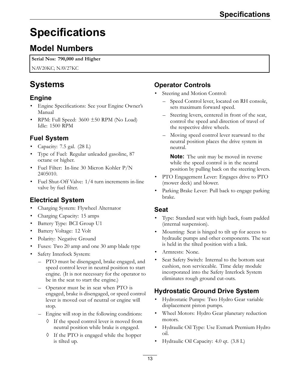 Specifications, Model numbers systems, Model numbers | Systems | Exmark NAVIGATOR 4500-367 User Manual | Page 13 / 44