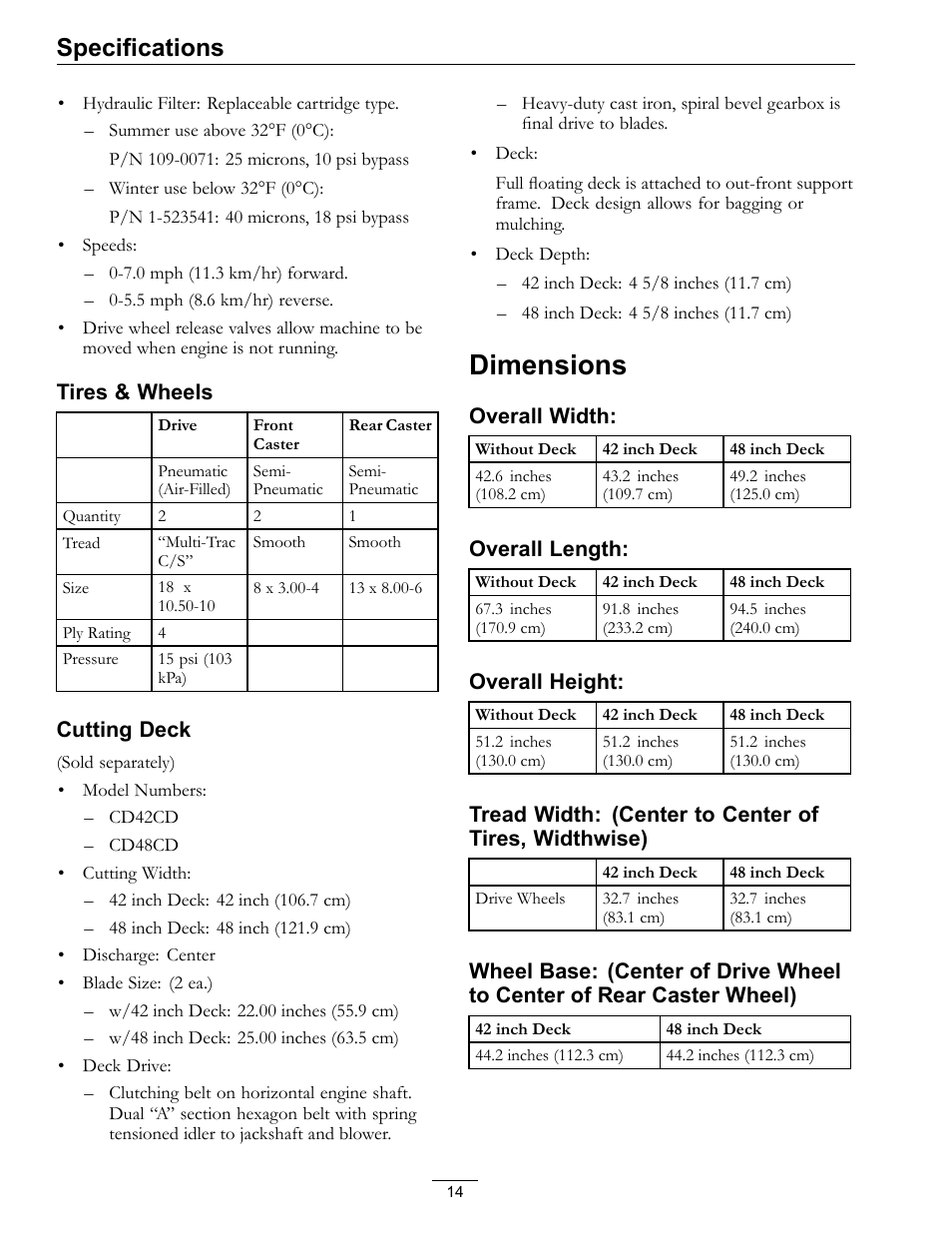 Dimensions, Specifications | Exmark NAVIGATOR 4500-367 User Manual | Page 14 / 44