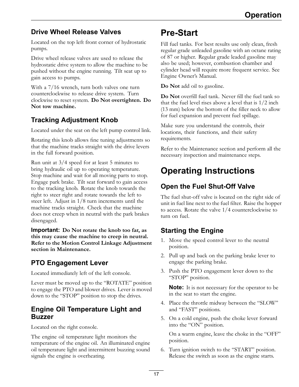 Pre-start operating instructions, Pre-start, Operating instructions | Operation | Exmark NAVIGATOR 4500-367 User Manual | Page 17 / 44