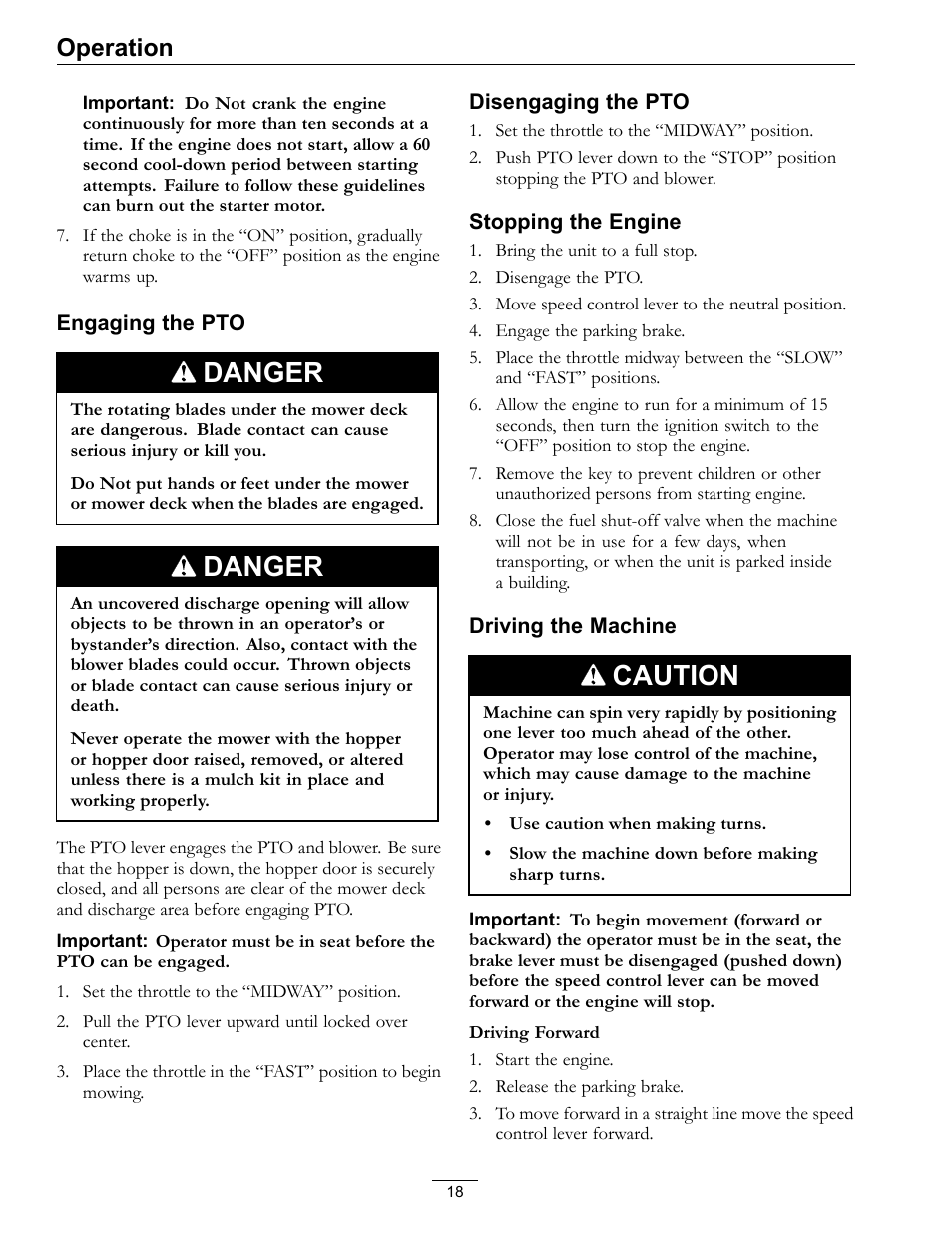 Danger, Caution, Operation | Exmark NAVIGATOR 4500-367 User Manual | Page 18 / 44