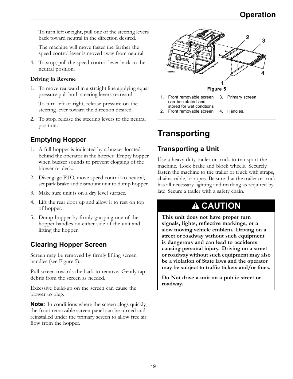Transporting, Caution, Operation | Exmark NAVIGATOR 4500-367 User Manual | Page 19 / 44