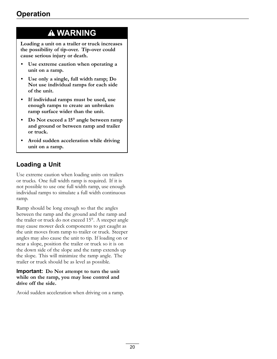 Warning, Operation | Exmark NAVIGATOR 4500-367 User Manual | Page 20 / 44