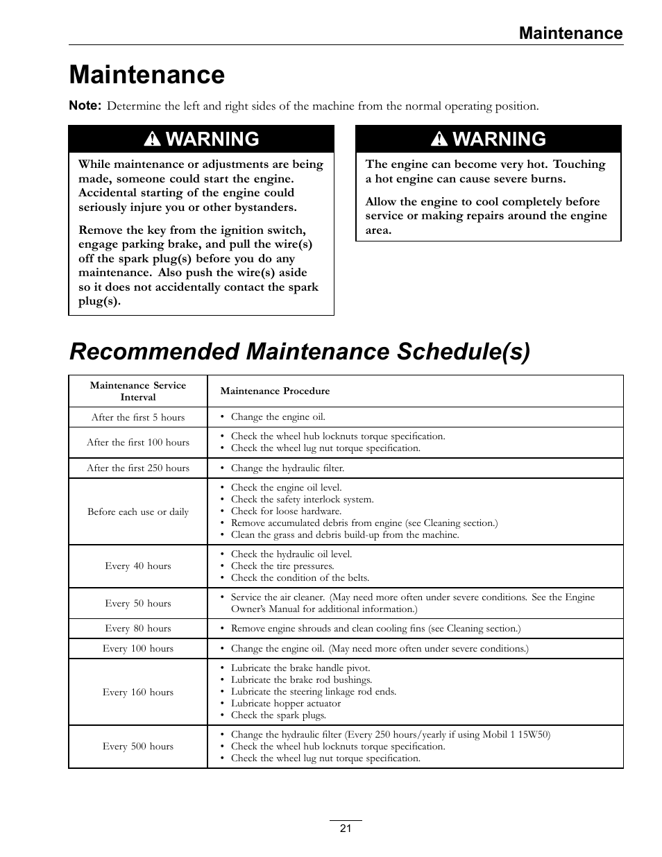 Maintenance, Recommended maintenance schedule(s), Warning | Exmark NAVIGATOR 4500-367 User Manual | Page 21 / 44