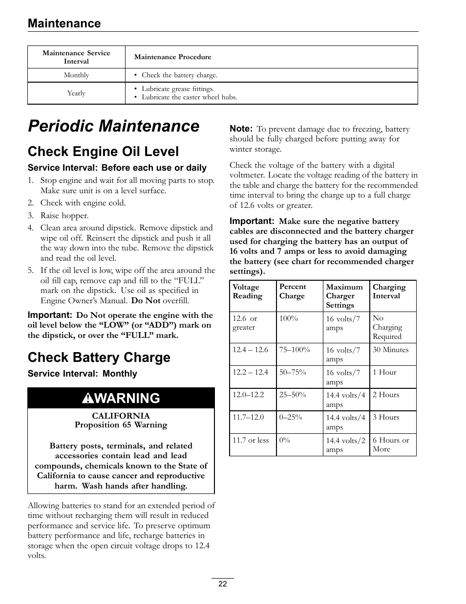 Periodic maintenance, Check engine oil level check battery charge, Check engine oil level | Check battery charge, Warning, Maintenance | Exmark NAVIGATOR 4500-367 User Manual | Page 22 / 44