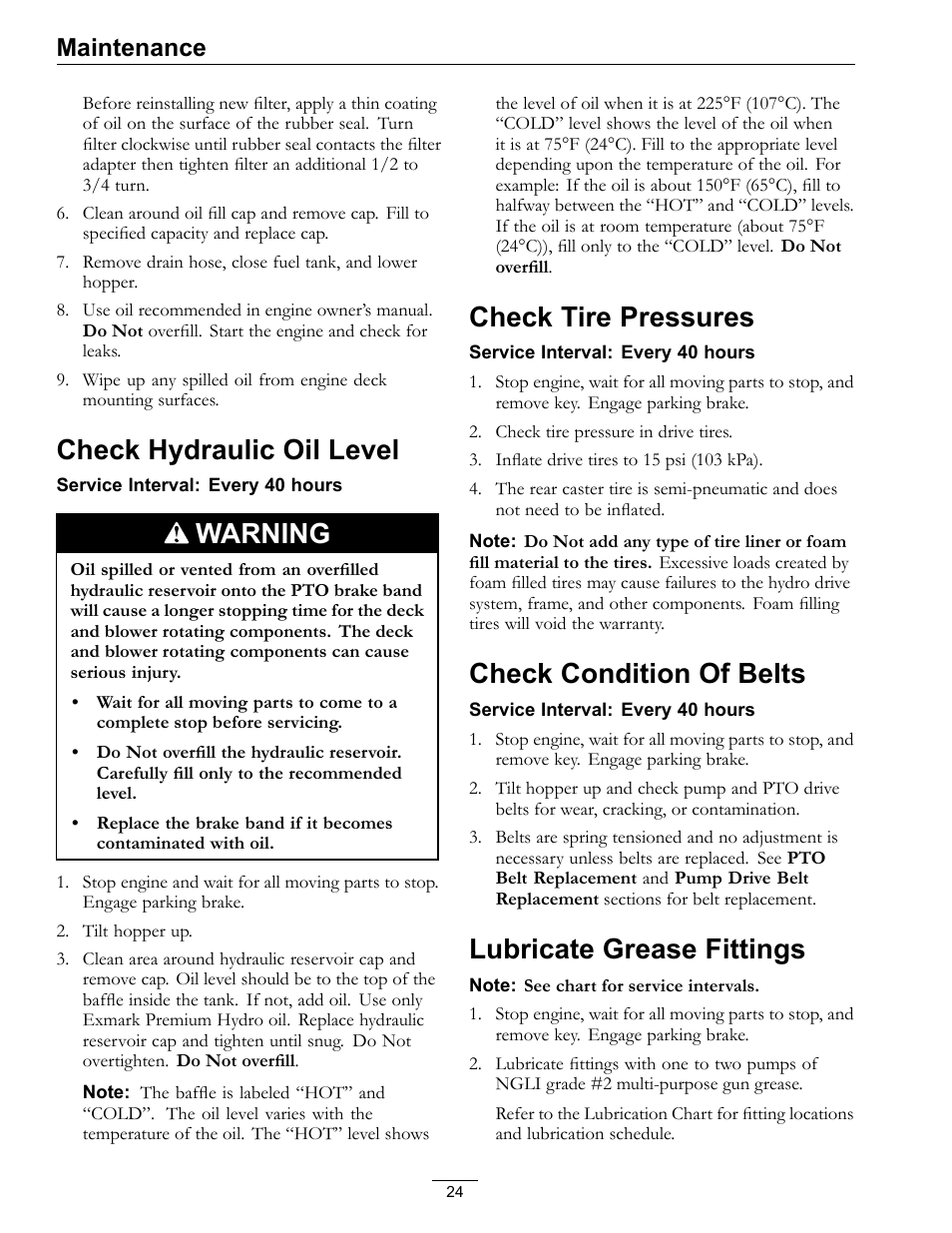 Check hydraulic oil level, Warning, Check tire pressures | Check condition of belts, Lubricate grease fittings, Maintenance | Exmark NAVIGATOR 4500-367 User Manual | Page 24 / 44