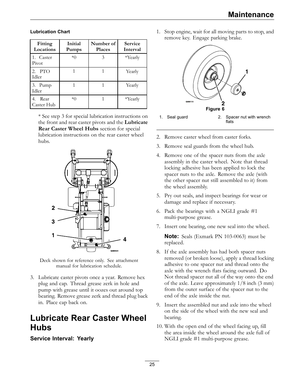 Lubricate rear caster wheel hubs, Maintenance | Exmark NAVIGATOR 4500-367 User Manual | Page 25 / 44