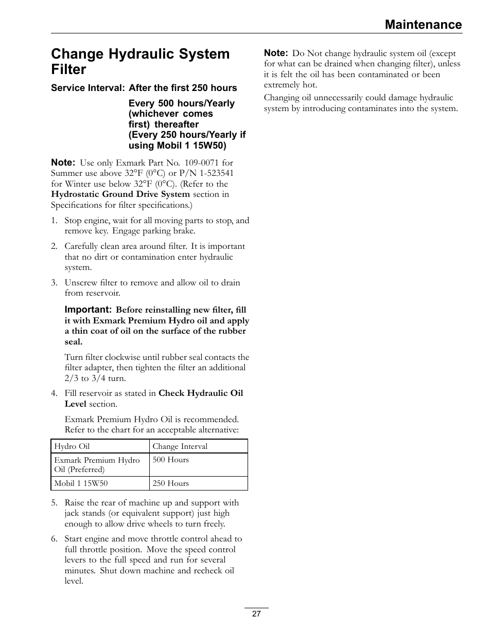 Change hydraulic system filter, Maintenance | Exmark NAVIGATOR 4500-367 User Manual | Page 27 / 44
