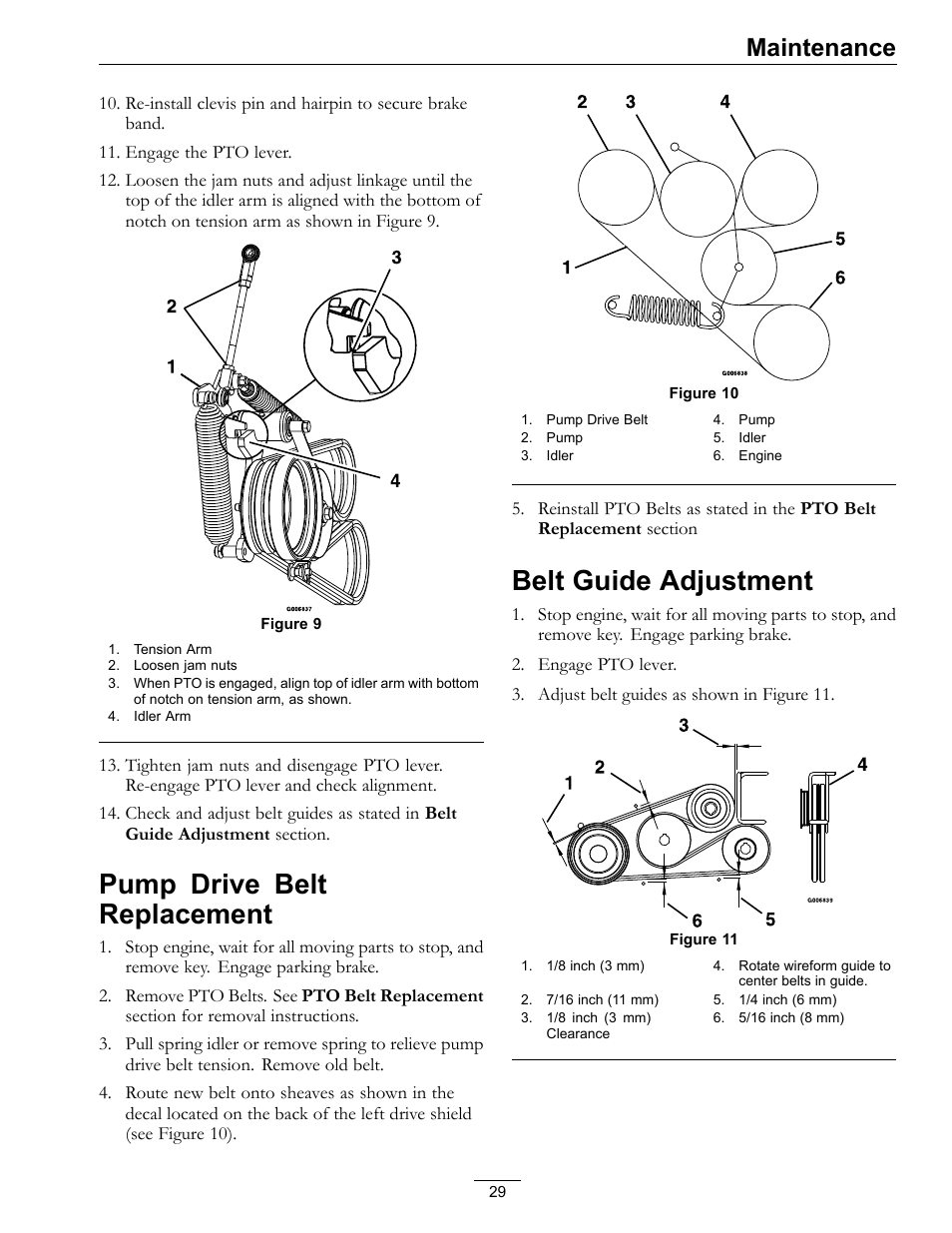 Pump drive belt replacement, Belt guide adjustment, Maintenance | Exmark NAVIGATOR 4500-367 User Manual | Page 29 / 44