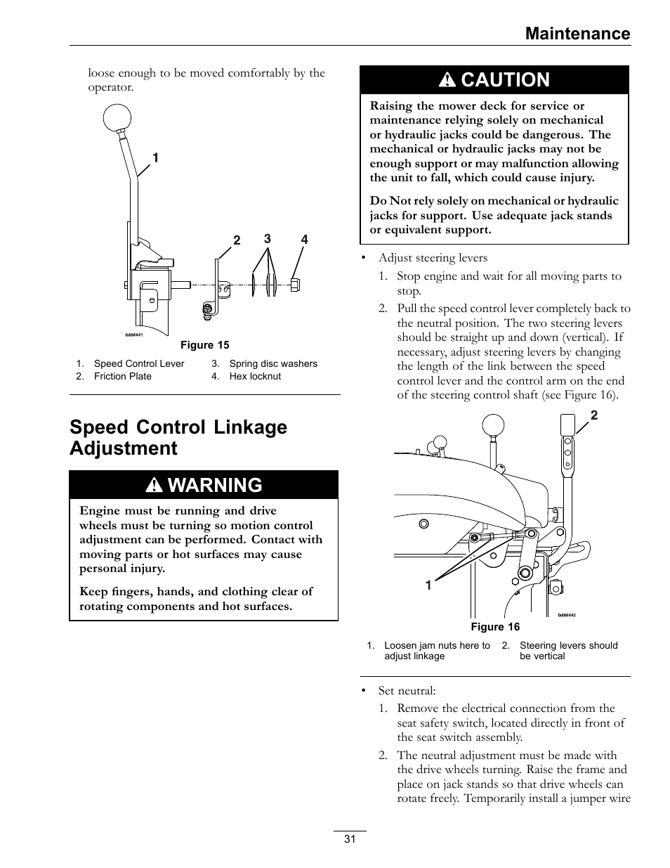 Speed control linkage adjustment, Figure 15), Speed control linkage adjustment warning | Caution, Maintenance | Exmark NAVIGATOR 4500-367 User Manual | Page 31 / 44