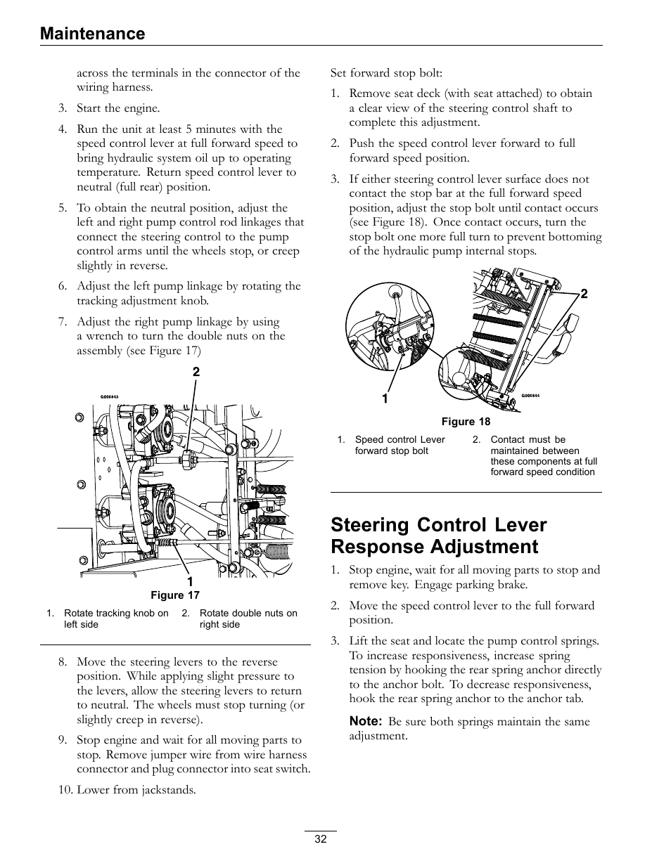 Steering control lever response, Adjustment, Steering control lever response adjustment | Maintenance | Exmark NAVIGATOR 4500-367 User Manual | Page 32 / 44