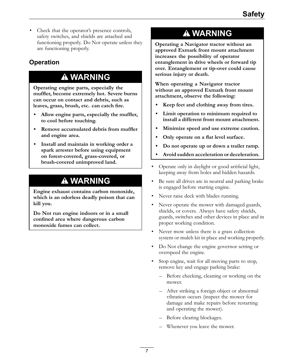 Warning, Safety | Exmark NAVIGATOR 4500-367 User Manual | Page 7 / 44