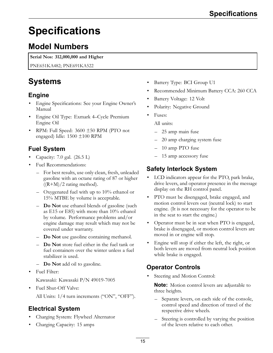 Specifications, Model numbers systems, Model numbers | Systems | Exmark Mower Pioneer E-Series 4500-996 Rev A User Manual | Page 15 / 52