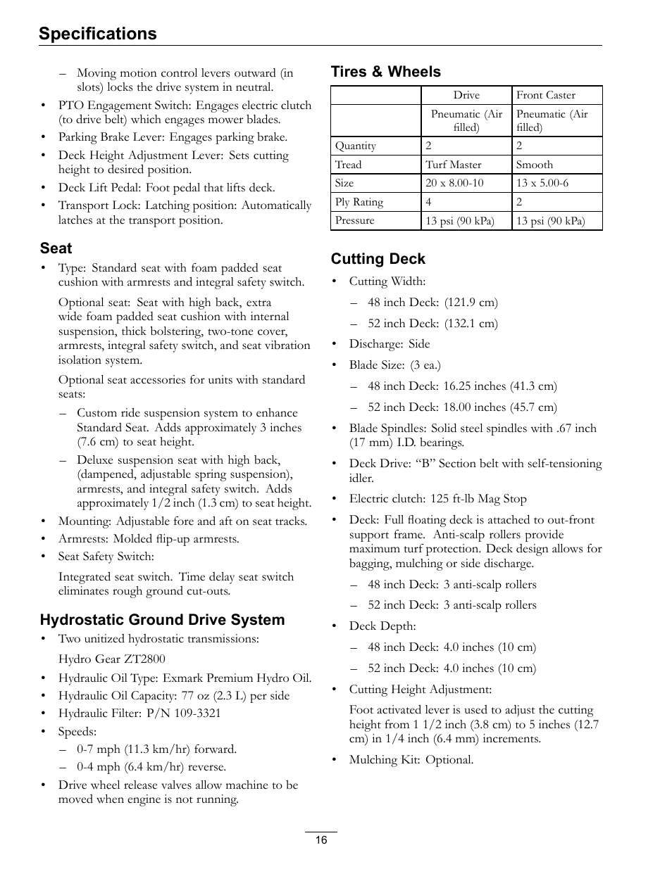 Specifications | Exmark Mower Pioneer E-Series 4500-996 Rev A User Manual | Page 16 / 52
