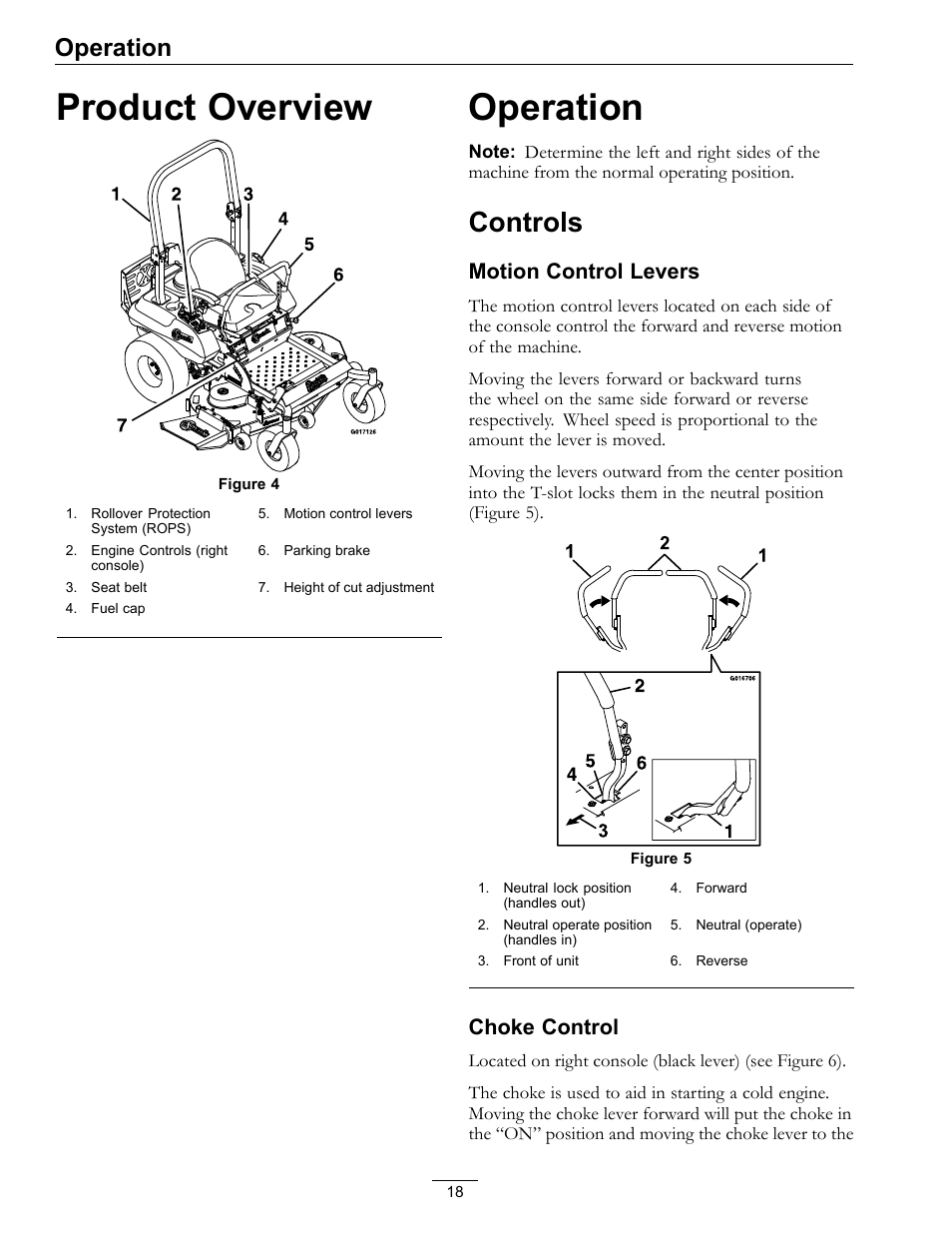 Product overview operation, Controls, Product overview | Operation, Motion control levers, Choke control | Exmark Mower Pioneer E-Series 4500-996 Rev A User Manual | Page 18 / 52