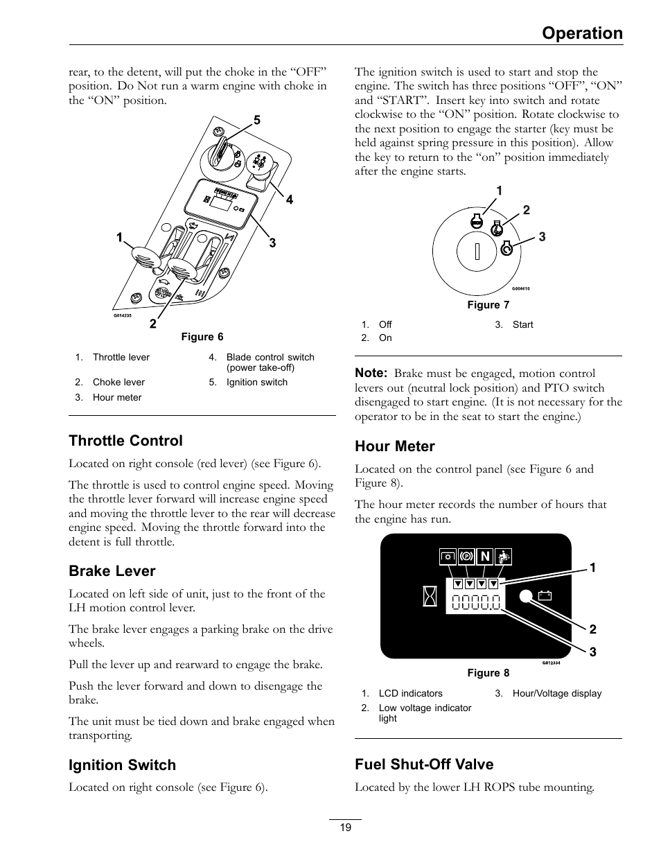 Operation, Throttle control, Brake lever | Ignition switch, Hour meter, Fuel shut-off valve | Exmark Mower Pioneer E-Series 4500-996 Rev A User Manual | Page 19 / 52