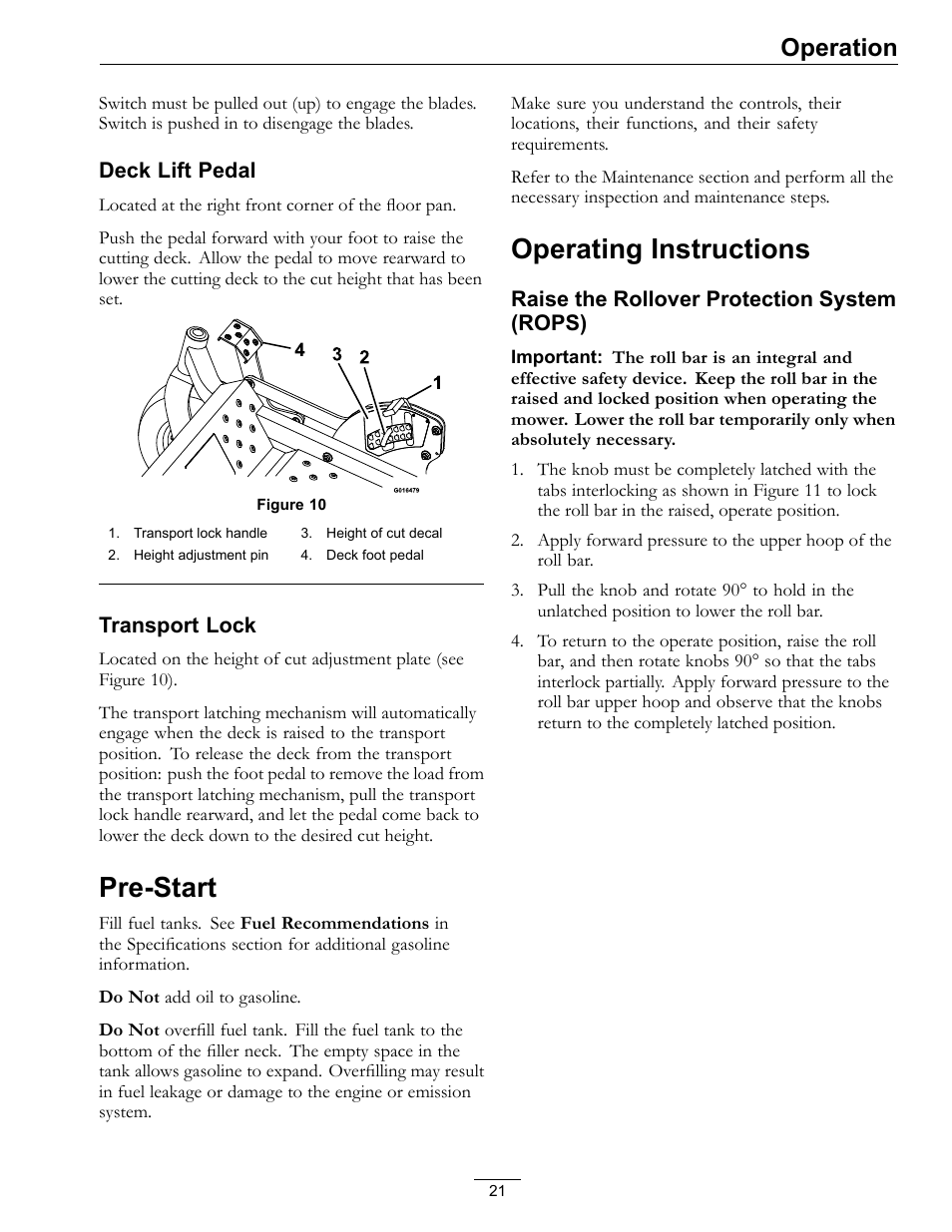 Pre-start operating instructions, Pre-start, Operating instructions | Operation | Exmark Mower Pioneer E-Series 4500-996 Rev A User Manual | Page 21 / 52