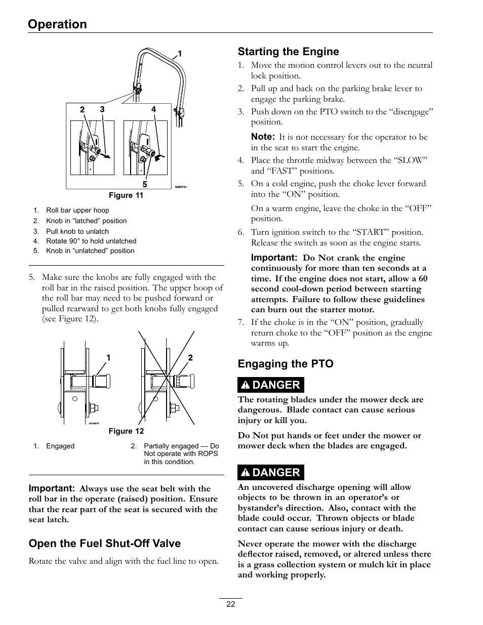 Operation, Open the fuel shut-off valve, Starting the engine | Engaging the pto danger, Danger | Exmark Mower Pioneer E-Series 4500-996 Rev A User Manual | Page 22 / 52